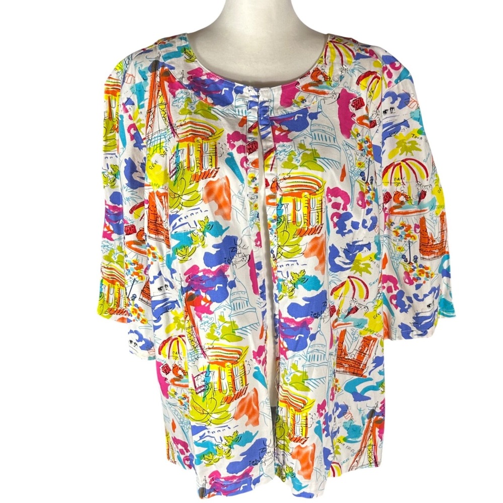 Liz & Me Button Front Top Women 3X White Paris Novelty Print Cotton 3/4 Sleeve